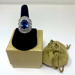 Rhodium Pltd Sterling Silver Tanzanite And Diamond Simulated Ring Sz 6